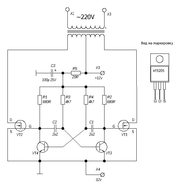 схема простого мощного преобразователя 12 220