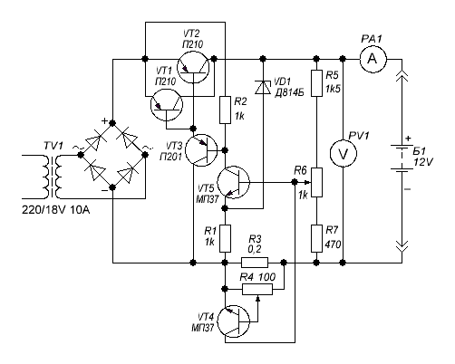 Схема зарядного устройства по току. Мощный регулируемый блок питания на транзисторах п 210. Регулятор напряжения на п210. Мощный лабораторный блок питания на транзисторах п210. Схема зарядного устройства для автомобильного аккумулятора на п210.
