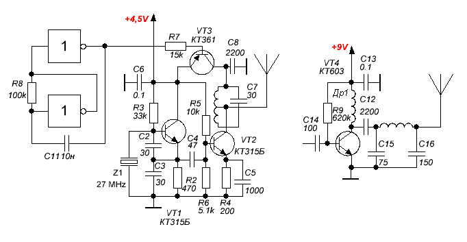 Радиопередатчик на 27 мгц схема