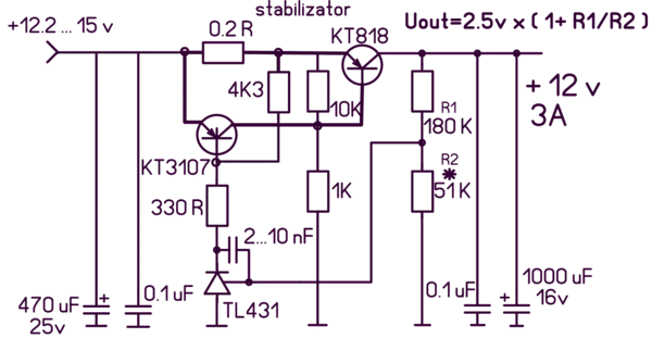 Стабилизатор 5 вольт схема. Схема стабилизатора напряжения на 12 вольт.