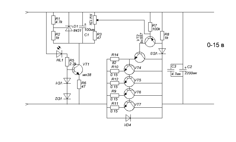 Блок питания регулируемый на транзисторах схема